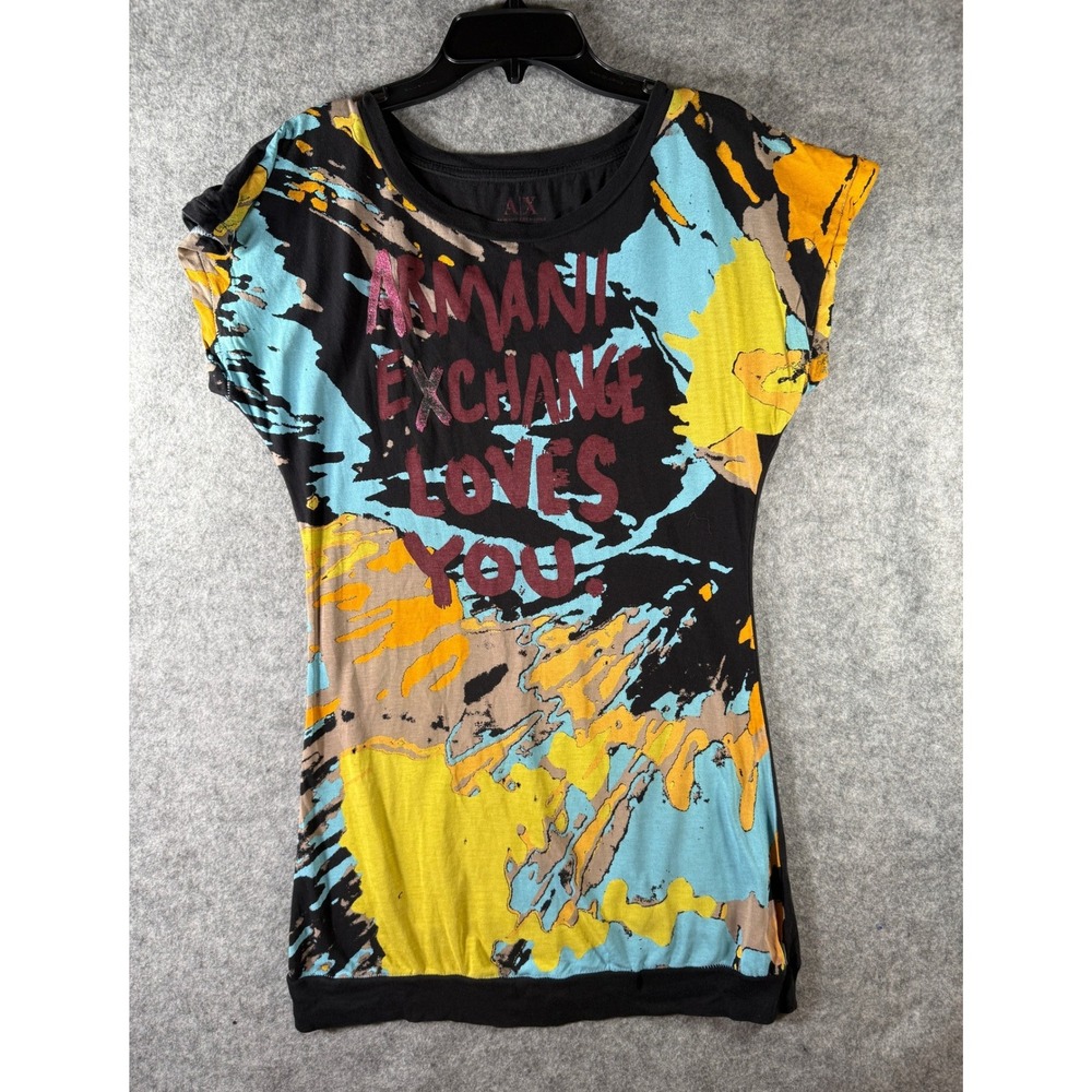 Armani Exchange Loves You Graphic T-Shirt Black Pink Glitter Splatter Small S